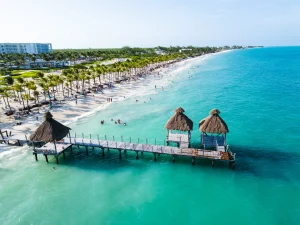 Aerial view of Costa Mujeres beach and turquoise water