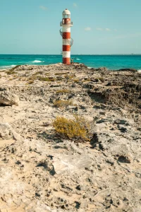 Punta Cancun lighthouse overlooking the turquoise Caribbean Sea